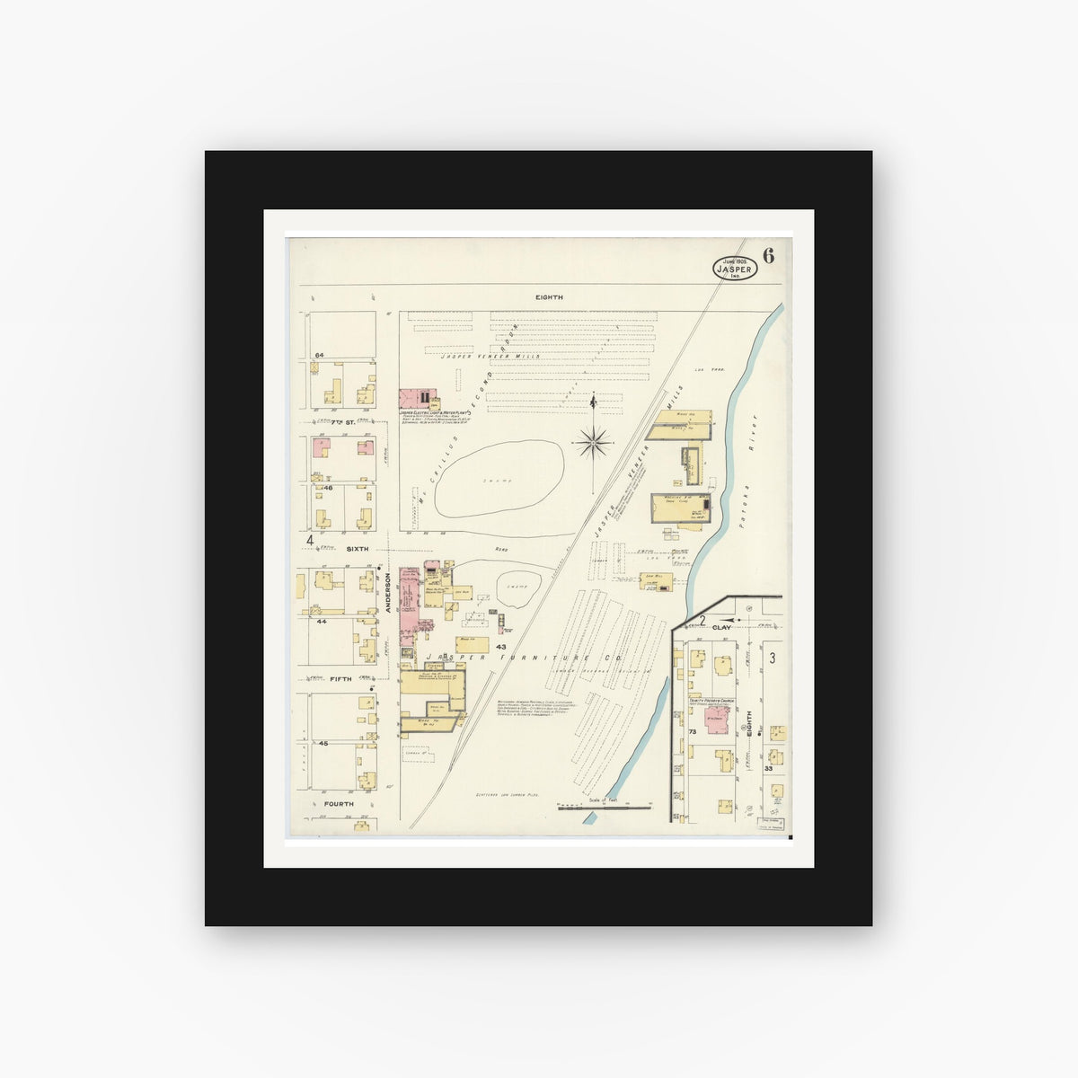 Old map wall art mockup — black gallery frame with white mat — Sanborn Fire Insurance Map from Jasper, Dubois County, Indiana (1909), Sheet #0006