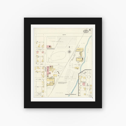 Old map wall art mockup — black gallery frame with white mat — Sanborn Fire Insurance Map from Jasper, Dubois County, Indiana (1909), Sheet #0006