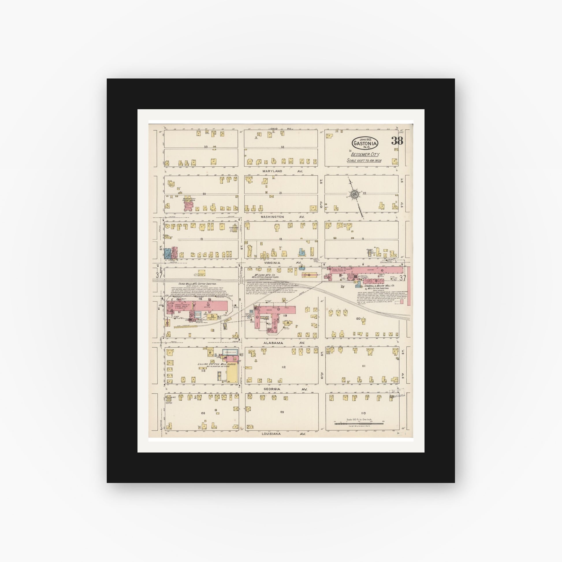 Old map wall art mockup — black gallery frame with white mat — Sanborn Fire Insurance Map from Gastonia, Gaston County, North Carolina (1922), Sheet #0038
