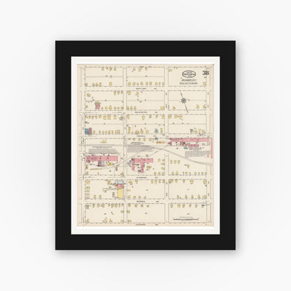 Old map wall art mockup — black gallery frame with white mat — Sanborn Fire Insurance Map from Gastonia, Gaston County, North Carolina (1922), Sheet #0038