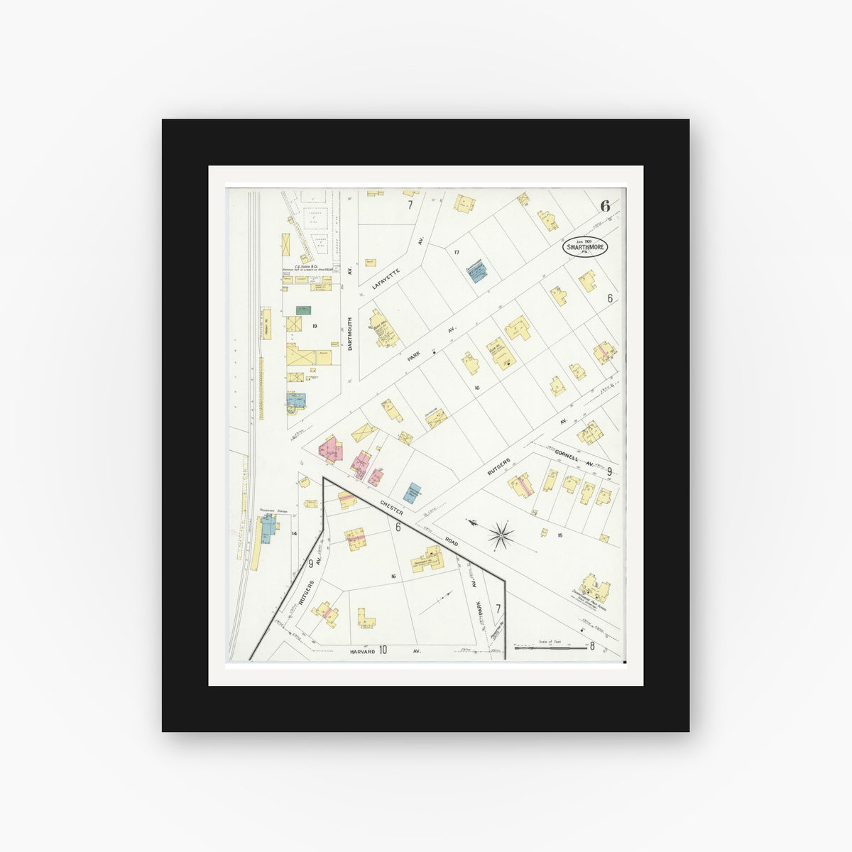 Old map wall art mockup — black gallery frame with white mat — Sanborn Fire Insurance Map from Swarthmore, Delaware County, Pennsylvania (1909), Sheet #0006