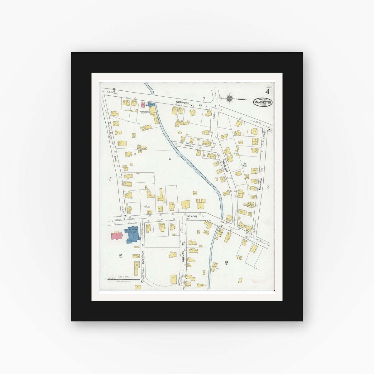 Old map wall art mockup — black gallery frame with white mat — Sanborn Fire Insurance Map from Manchester, Essex County, Massachusetts (1921), Sheet #0004