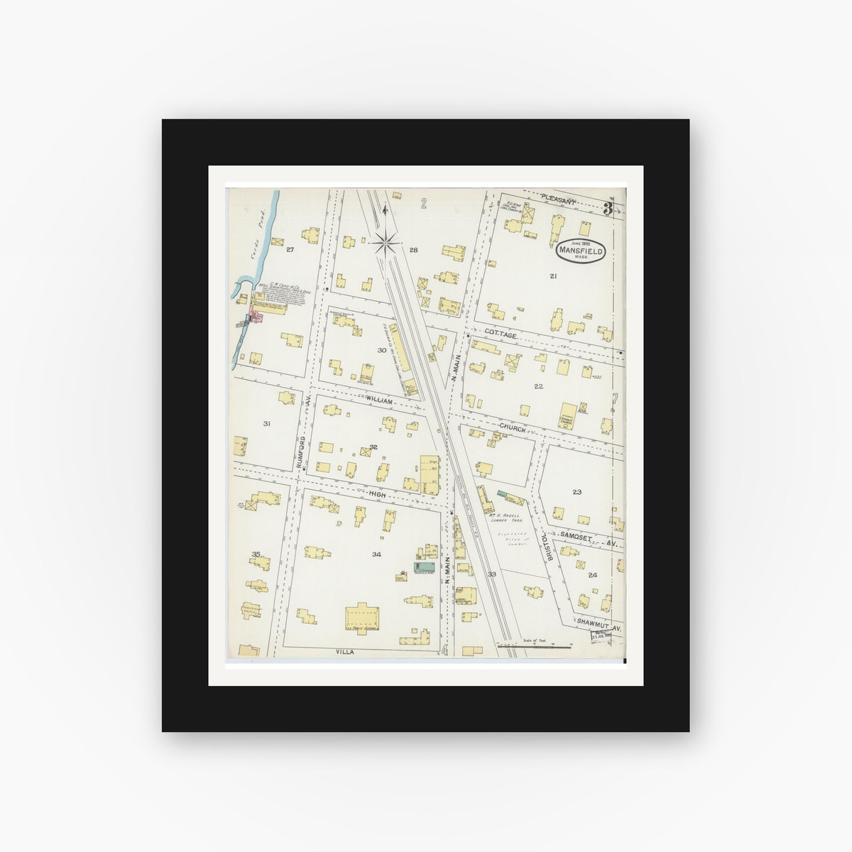 Old map wall art mockup — black gallery frame with white mat — Sanborn Fire Insurance Map from Mansfield, Bristol County, Massachusetts (1892), Sheet #0003