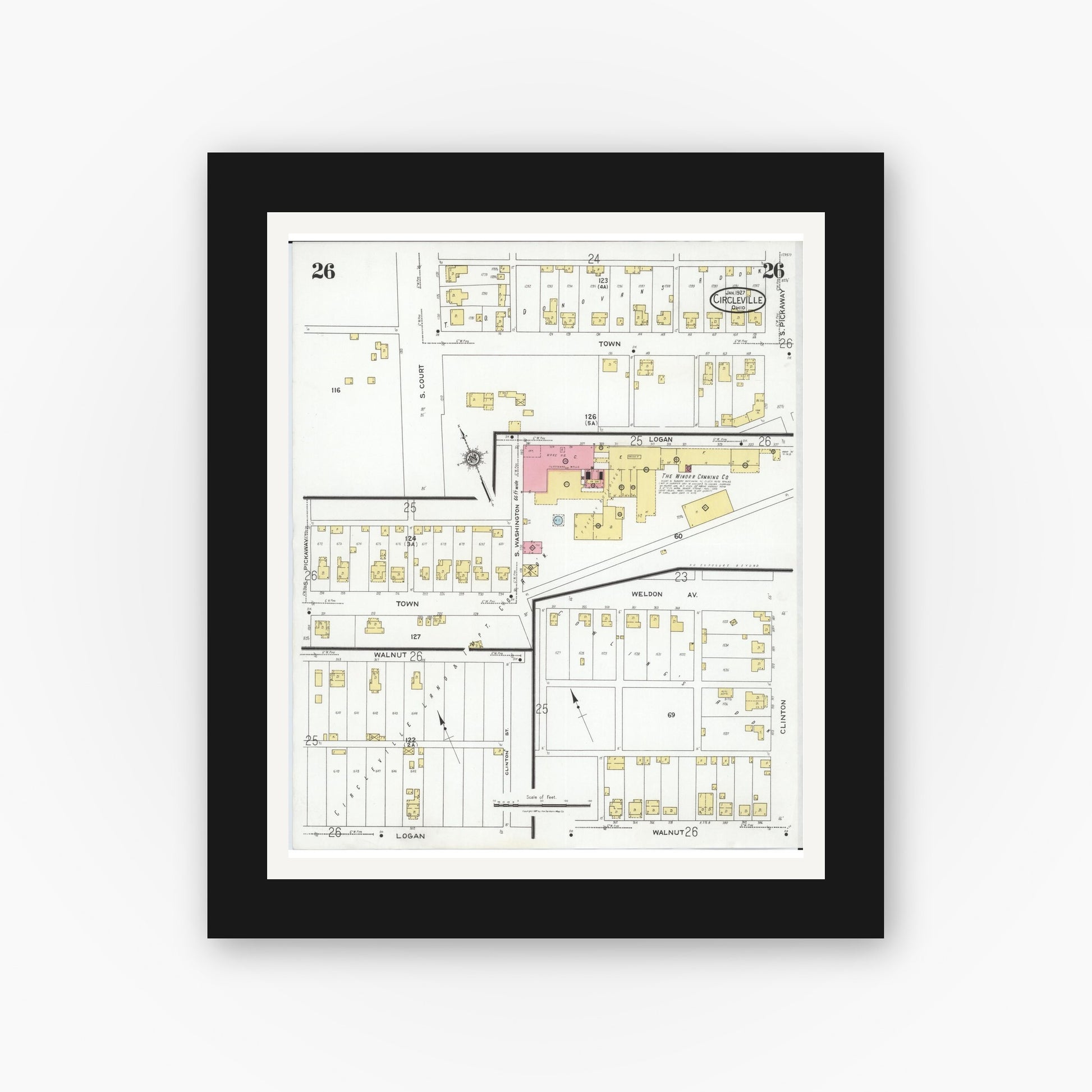 Old map wall art mockup — black gallery frame with white mat — Sanborn Fire Insurance Map from Circleville, Pickaway County, Ohio (1927), Sheet #0026