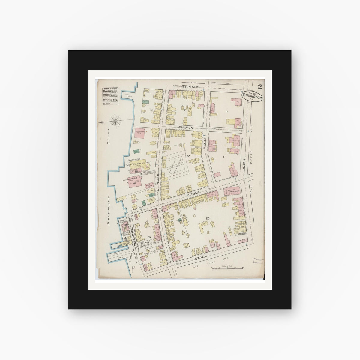 Old map wall art mockup — black gallery frame with white mat — Sanborn Fire Insurance Map from Burlington, Burlington County, New Jersey (1885) - Complete Map Set