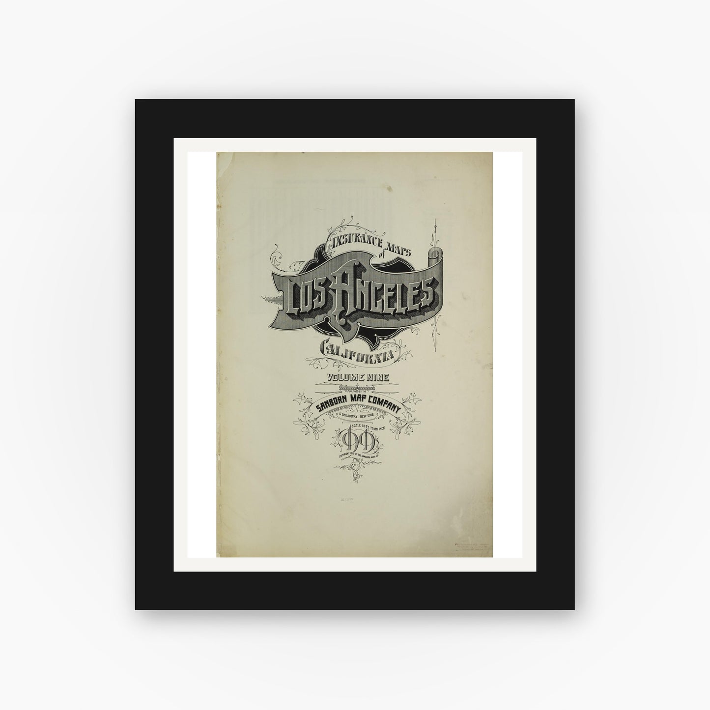 Old map wall art mockup — black gallery frame with white mat — Sanborn Fire Insurance Map from Los Angeles, Los Angeles County, California (1919), Sheet #0001