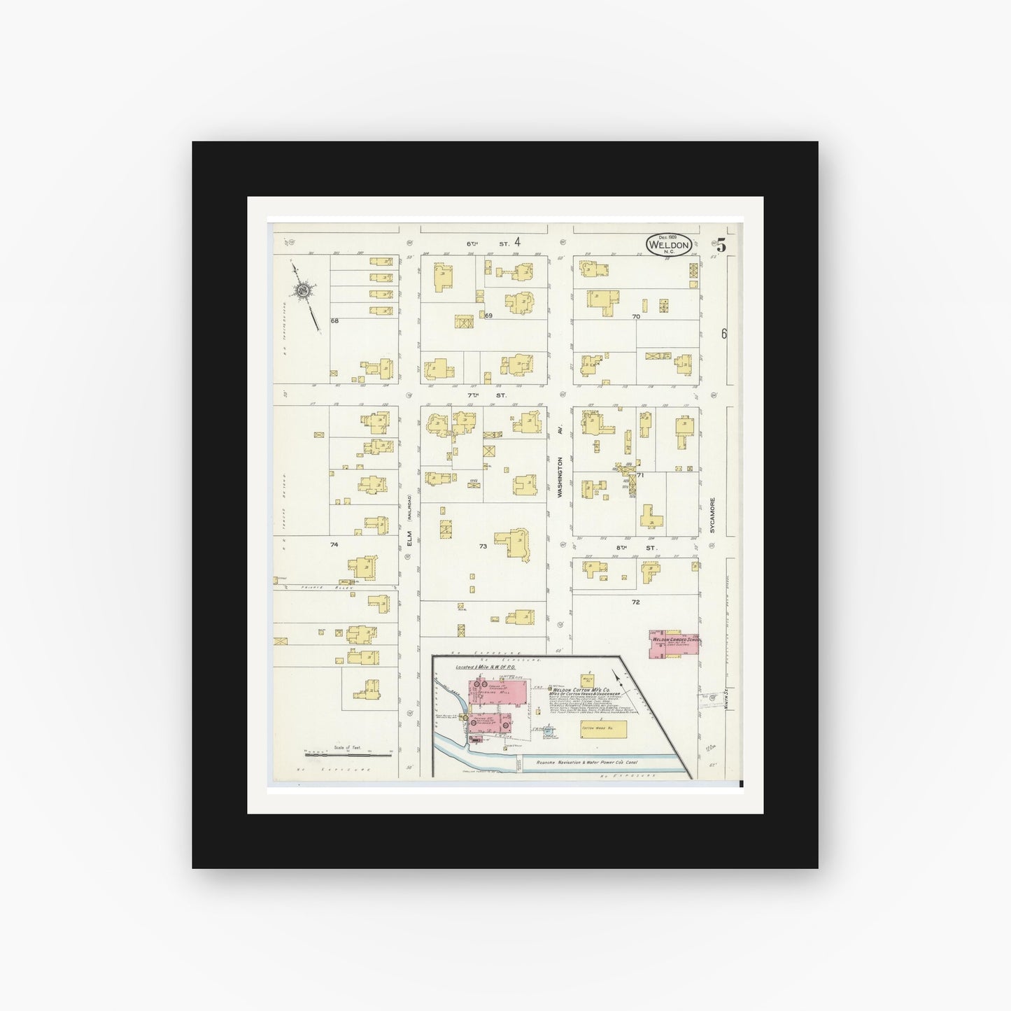 Old map wall art mockup — black gallery frame with white mat — Sanborn Fire Insurance Map from Weldon, Halifax County, North Carolina (1909), Sheet #0005