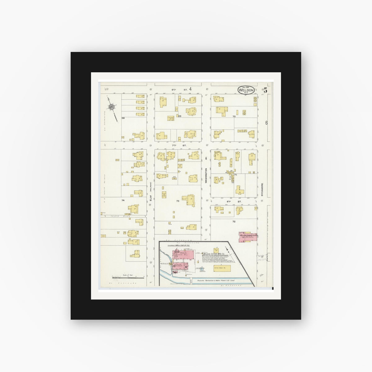 Old map wall art mockup — black gallery frame with white mat — Sanborn Fire Insurance Map from Weldon, Halifax County, North Carolina (1909), Sheet #0005