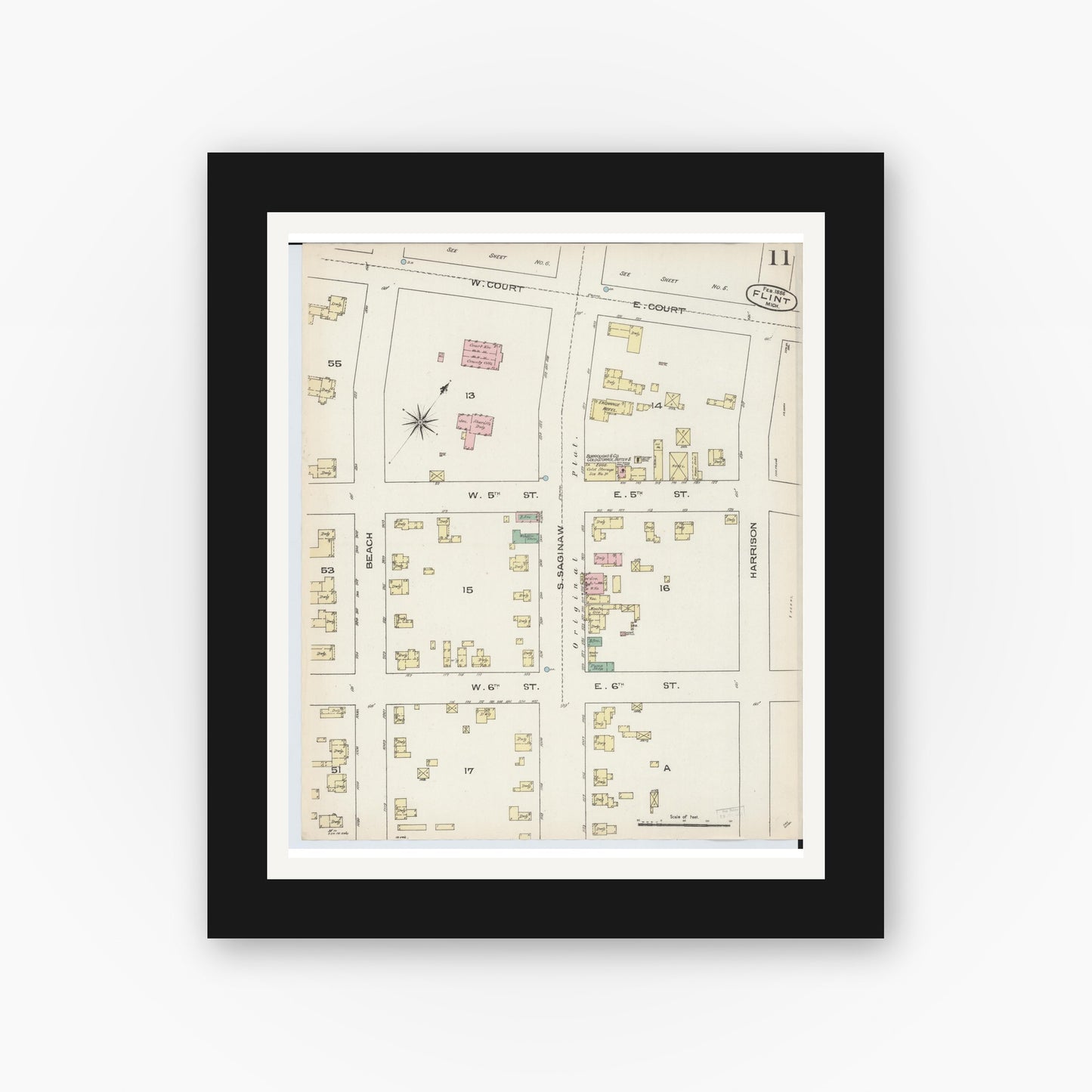 Old map wall art mockup — black gallery frame with white mat — Sanborn Fire Insurance Map from Flint, Genesee County, Michigan (1886), Sheet #0011