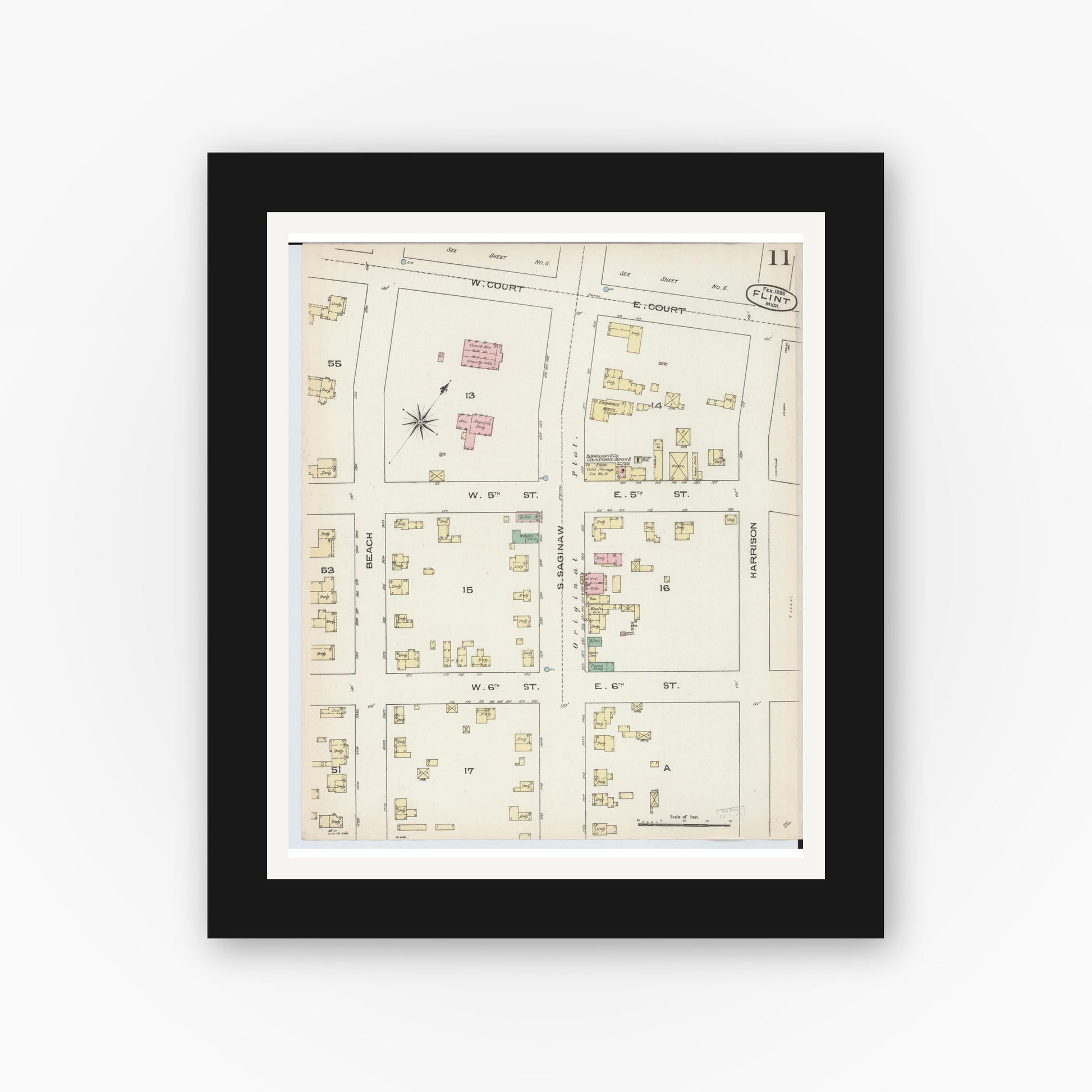 Old map wall art mockup — black gallery frame with white mat — Sanborn Fire Insurance Map from Flint, Genesee County, Michigan (1886), Sheet #0011