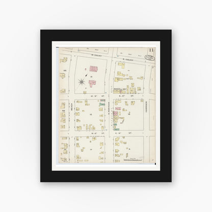 Old map wall art mockup — black gallery frame with white mat — Sanborn Fire Insurance Map from Flint, Genesee County, Michigan (1886), Sheet #0011