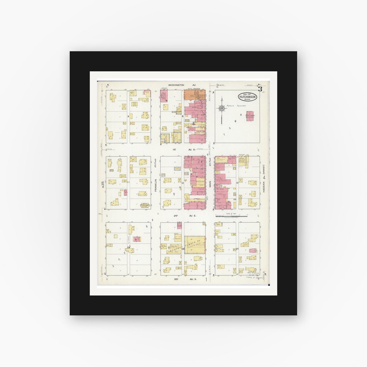 Old map wall art mockup — black gallery frame with white mat — Sanborn Fire Insurance Map from Hutchinson, Mcleod County, Minnesota (1917), Sheet #0003