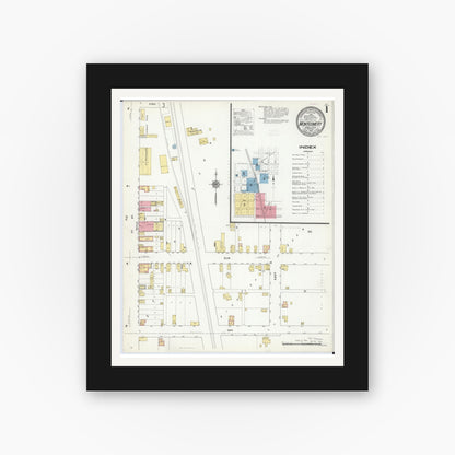 Old map wall art mockup — black gallery frame with white mat — Sanborn Fire Insurance Map from Montgomery, Le Sueur  County, Minnesota (1910), Sheet #0001