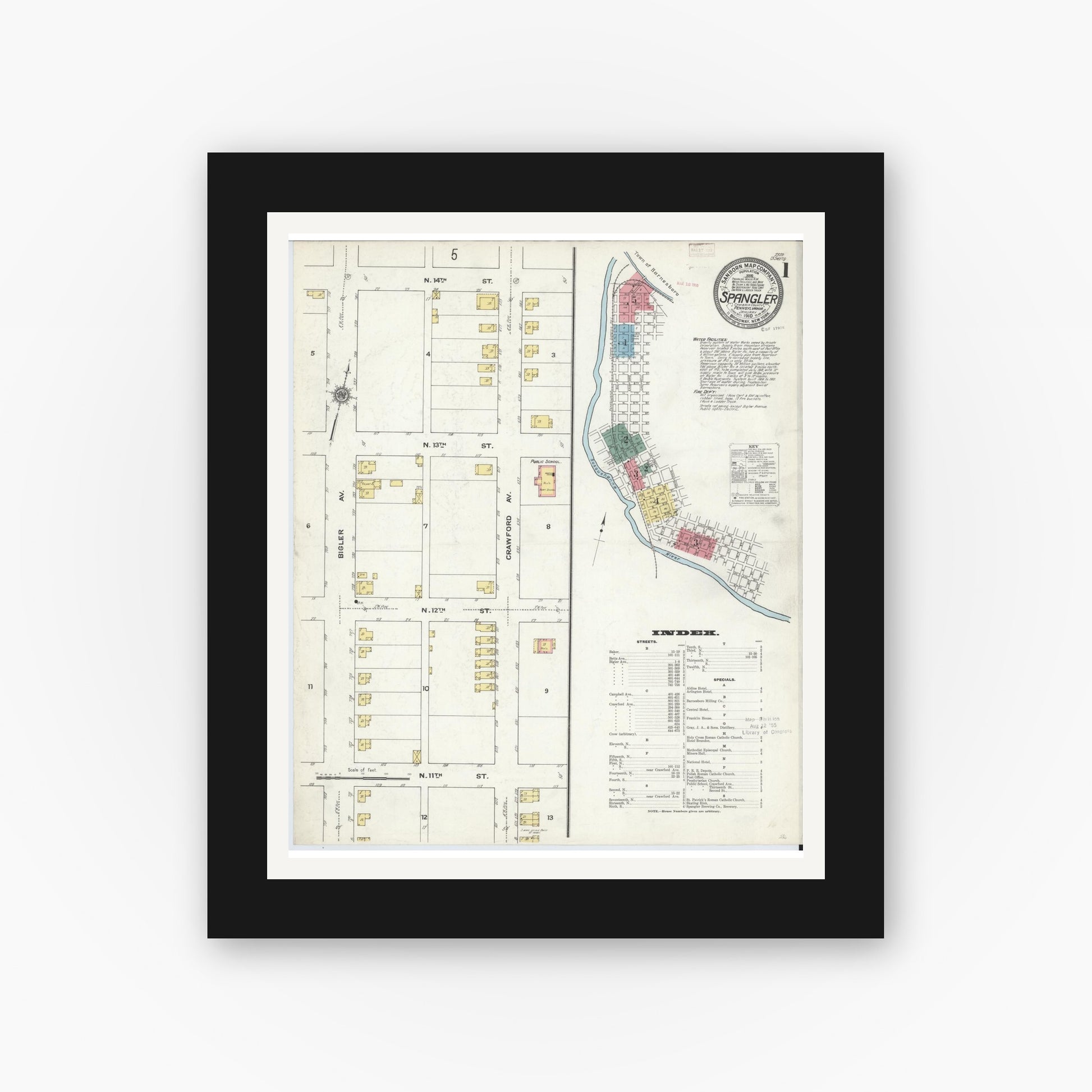 Old map wall art mockup — black gallery frame with white mat — Sanborn Fire Insurance Map from Spangler, Cambria County, Pennsylvania (1910), Sheet #0001