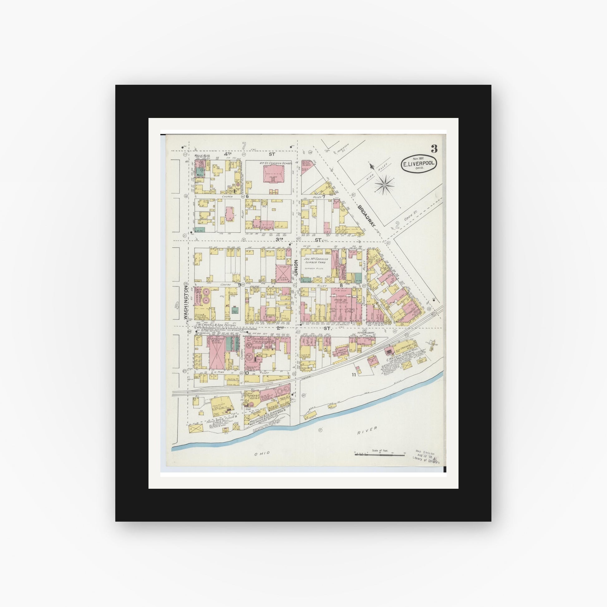 Old map wall art mockup — black gallery frame with white mat — Sanborn Fire Insurance Map from East Liverpool, Columbiana County, Ohio (1892), Sheet #0003