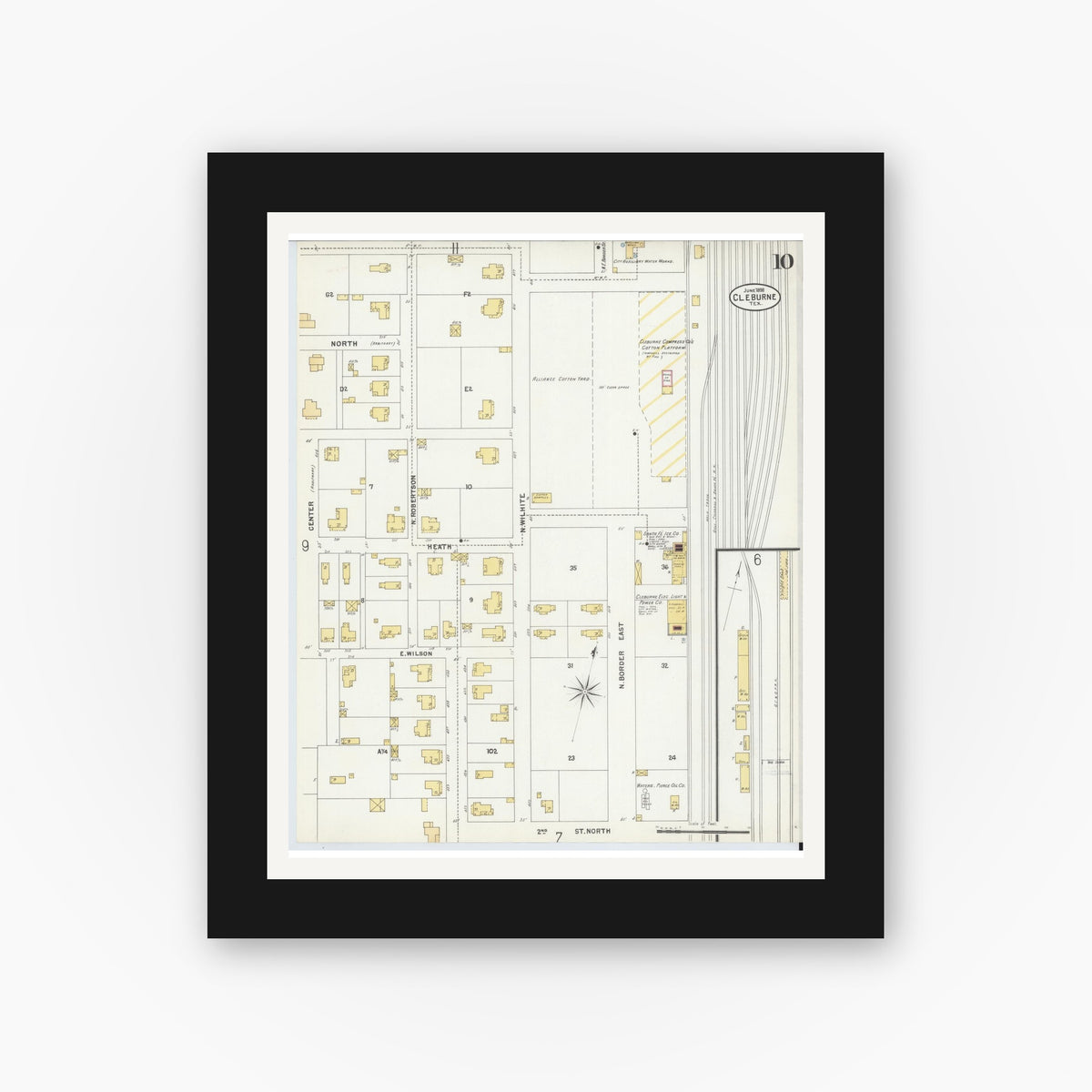 Old map wall art mockup — black gallery frame with white mat — Sanborn Fire Insurance Map from Cleburne, Johnson County, Texas (1898), Sheet #0010