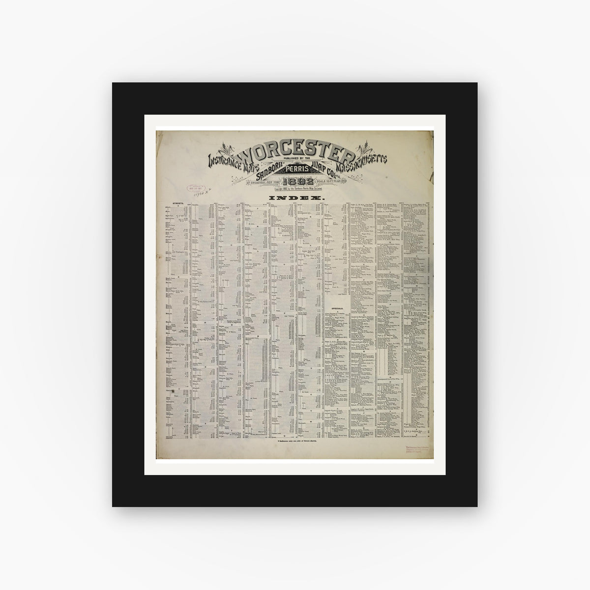 Old map wall art mockup — black gallery frame with white mat — Sanborn Fire Insurance Map from Worcester, Worcester County, Massachusetts (1892), Sheet #0001