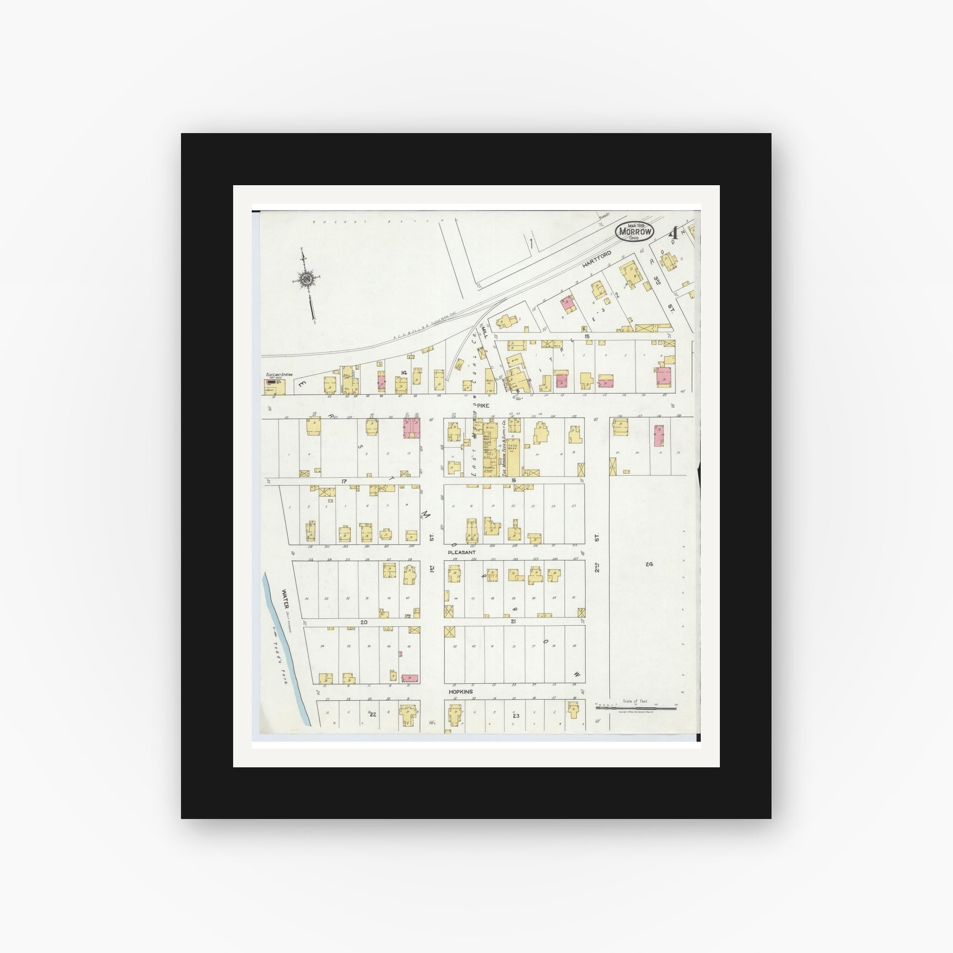 Old map wall art mockup — black gallery frame with white mat — Sanborn Fire Insurance Map from Morrow, Warren County, Ohio (1919), Sheet #0004