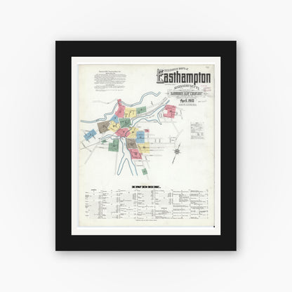 Old map wall art mockup — black gallery frame with white mat — Sanborn Fire Insurance Map from East Hampton, Hampshire County, Massachusetts (1910), Sheet #0001