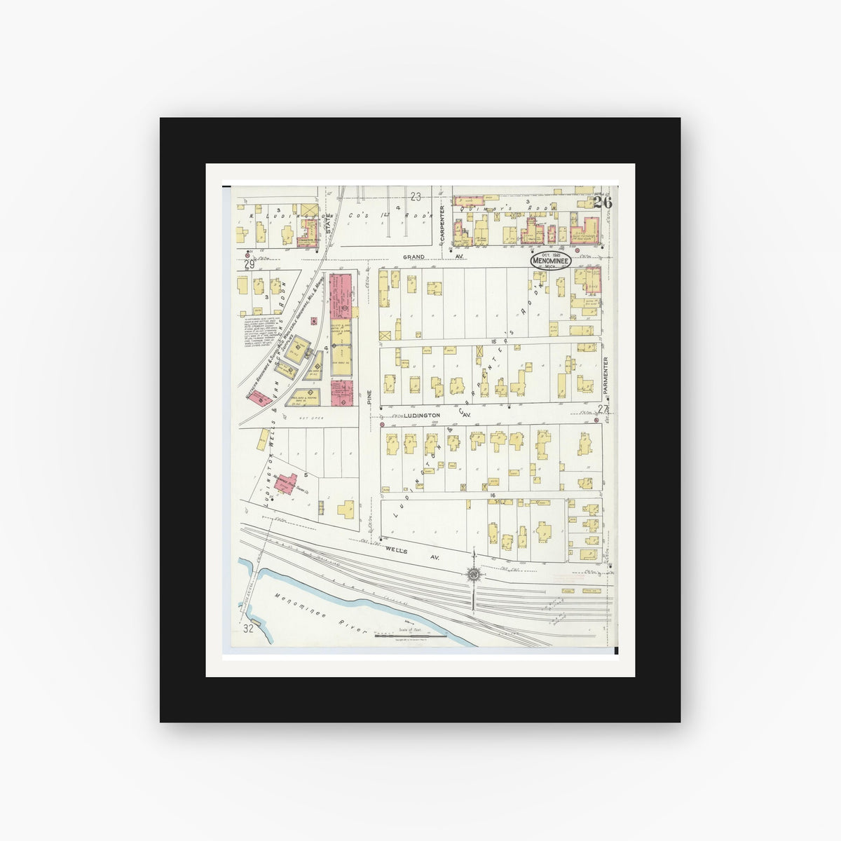 Old map wall art mockup — black gallery frame with white mat — Sanborn Fire Insurance Map from Menominee, Menominee County, Michigan (1921), Sheet #0026