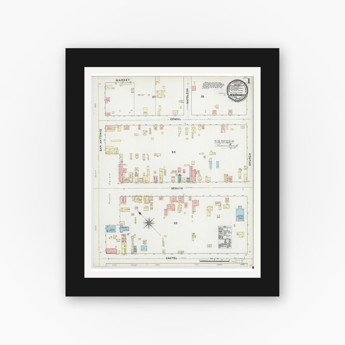 Old map wall art mockup — black gallery frame with white mat — Sanborn Fire Insurance Map from New Braunfels, Comal County, Texas (1891), Sheet #0001