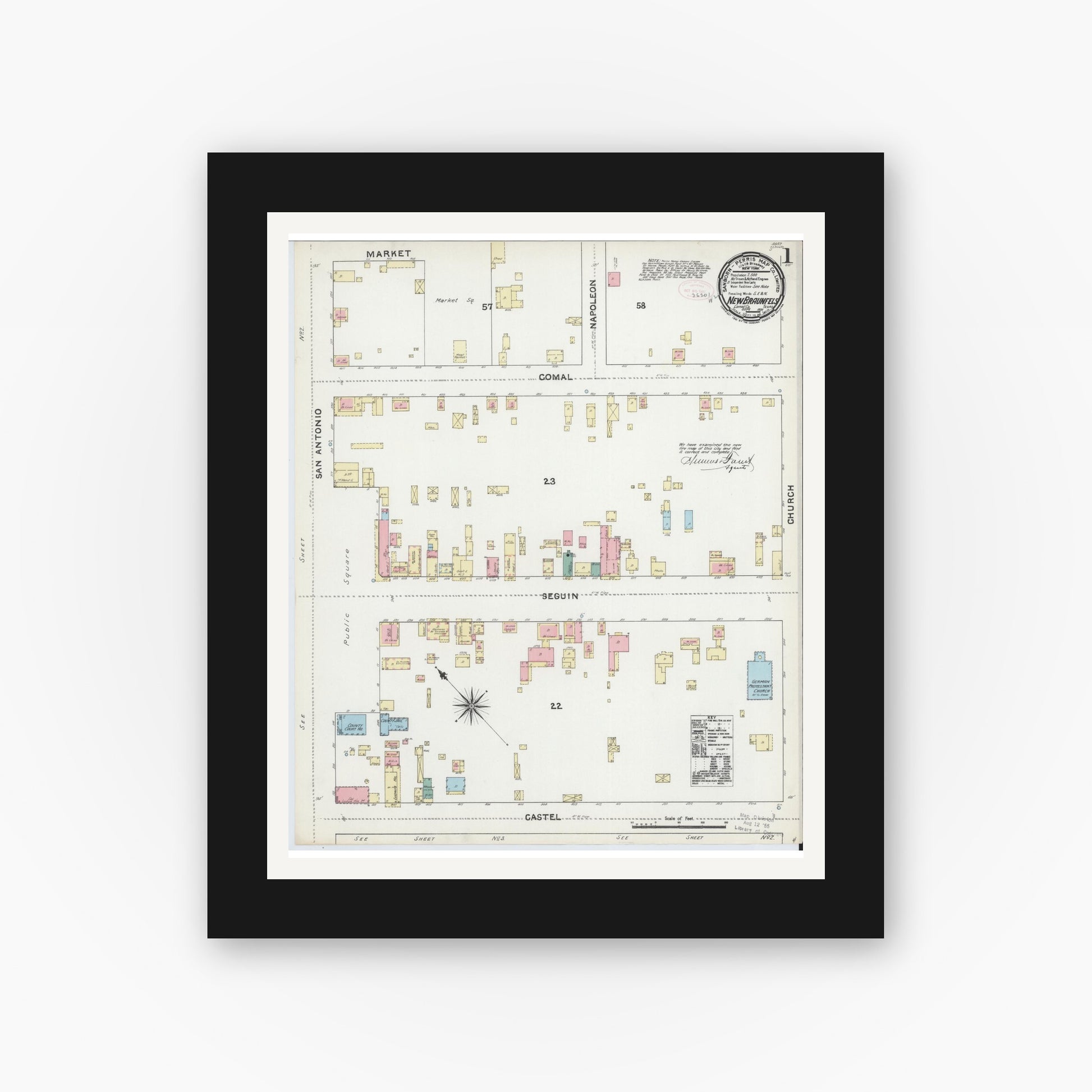 Old map wall art mockup — black gallery frame with white mat — Sanborn Fire Insurance Map from New Braunfels, Comal County, Texas (1891), Sheet #0001