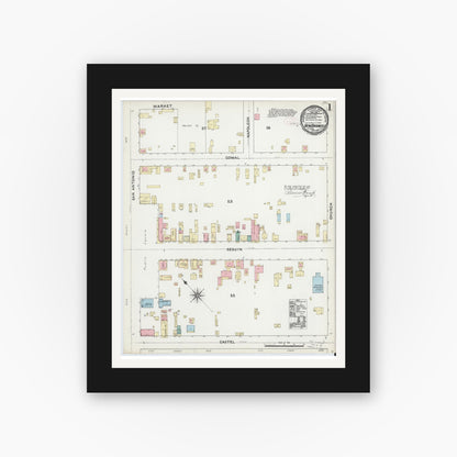 Old map wall art mockup — black gallery frame with white mat — Sanborn Fire Insurance Map from New Braunfels, Comal County, Texas (1891), Sheet #0001