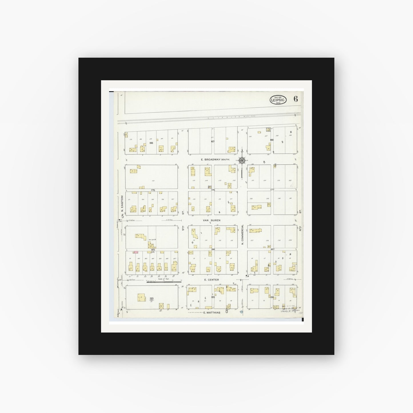 Old map wall art mockup — black gallery frame with white mat — Sanborn Fire Insurance Map from Leipsic, Putnam County, Ohio (1916), Sheet #0006