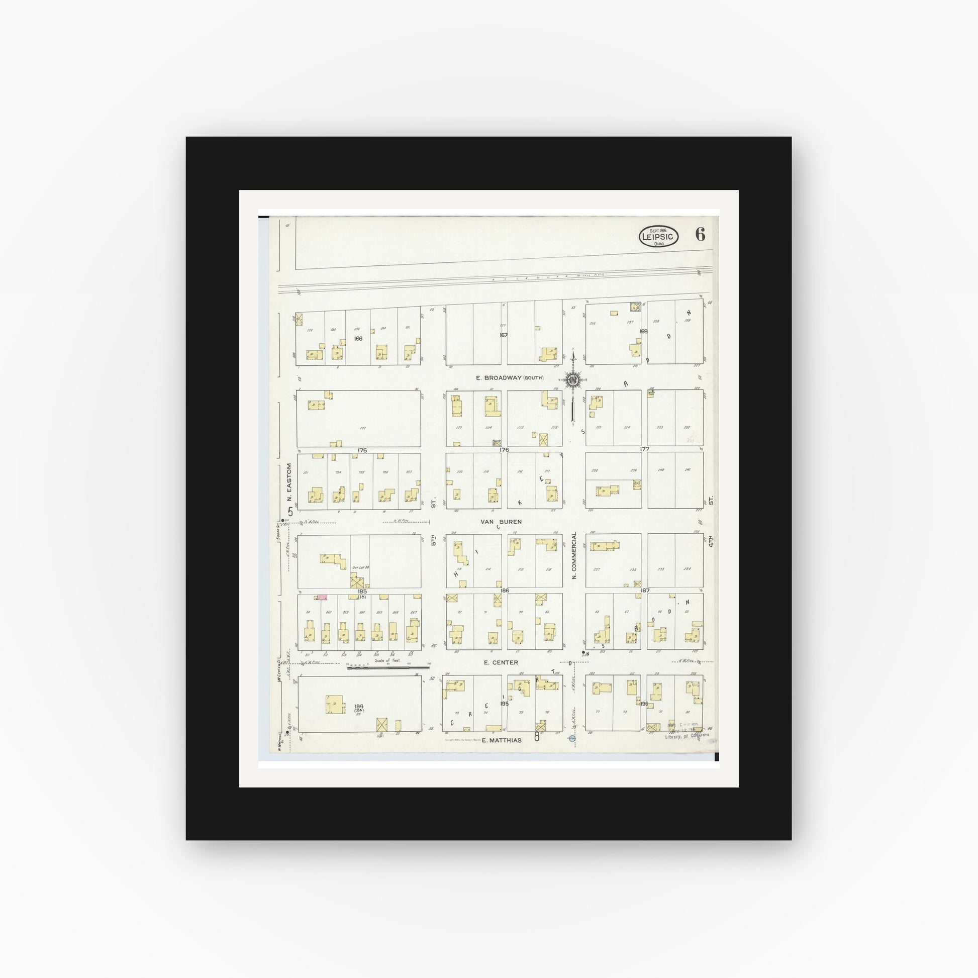 Old map wall art mockup — black gallery frame with white mat — Sanborn Fire Insurance Map from Leipsic, Putnam County, Ohio (1916), Sheet #0006