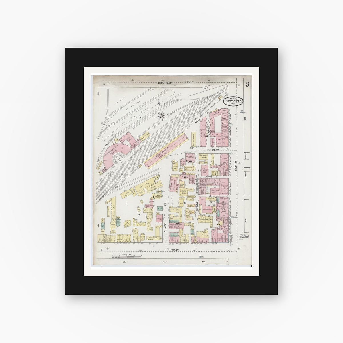 Old map wall art mockup — black gallery frame with white mat — Sanborn Fire Insurance Map from Pittsfield, Berkshire County, Massachusetts (1889), Sheet #0003