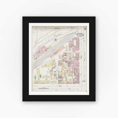 Old map wall art mockup — black gallery frame with white mat — Sanborn Fire Insurance Map from Pittsfield, Berkshire County, Massachusetts (1889), Sheet #0003