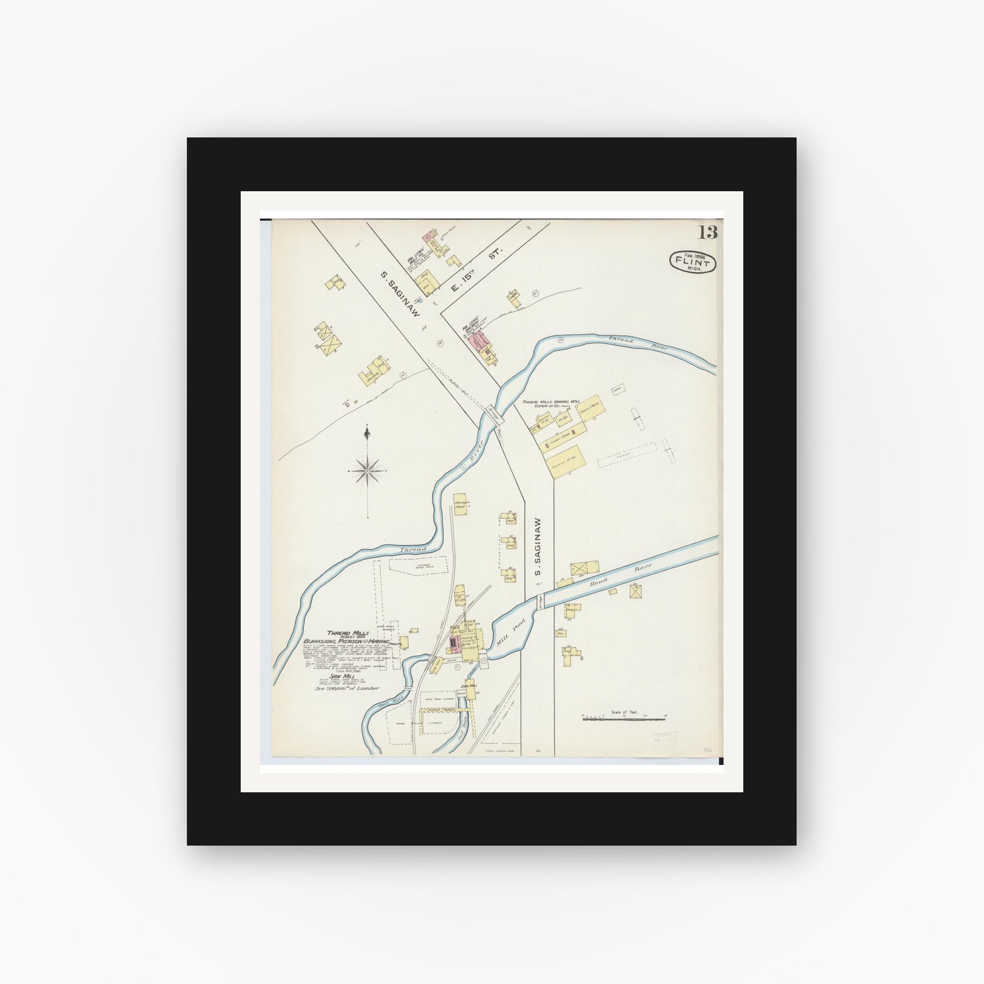 Old map wall art mockup — black gallery frame with white mat — Sanborn Fire Insurance Map from Flint, Genesee County, Michigan (1886), Sheet #0013