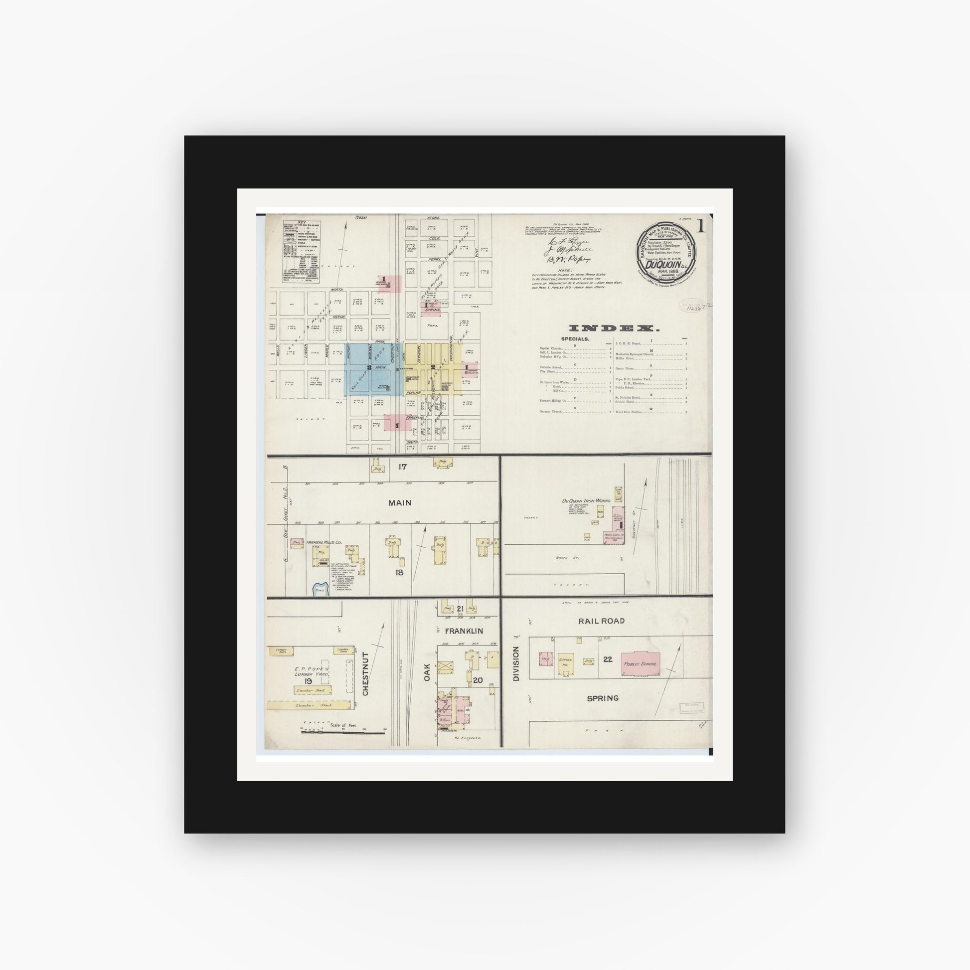 Old map wall art mockup — black gallery frame with white mat — Sanborn Fire Insurance Map from Du Quoin, Perry County, Illinois (1888), Sheet #0001