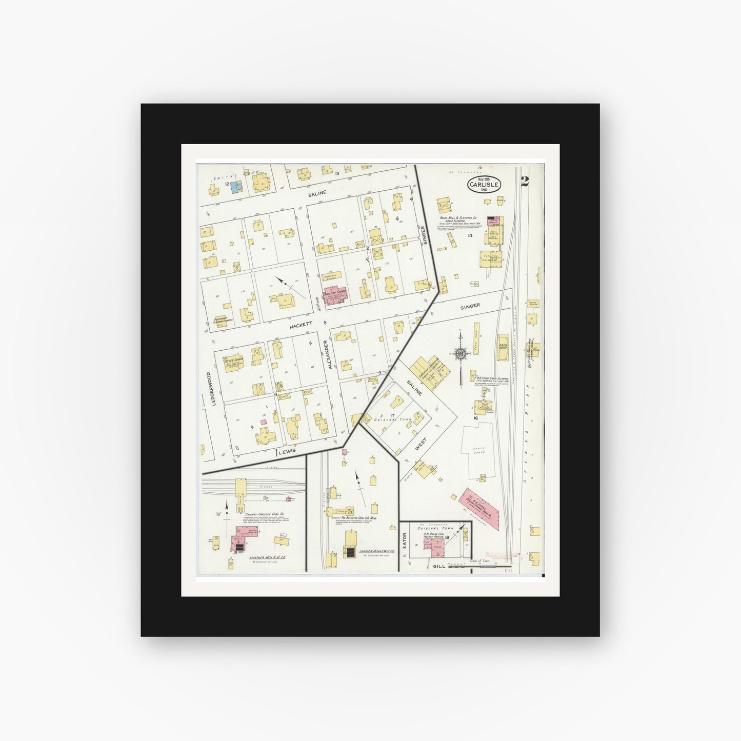 Old map wall art mockup — black gallery frame with white mat — Sanborn Fire Insurance Map from Carlisle, Sullivan County, Indiana (1915), Sheet #0002