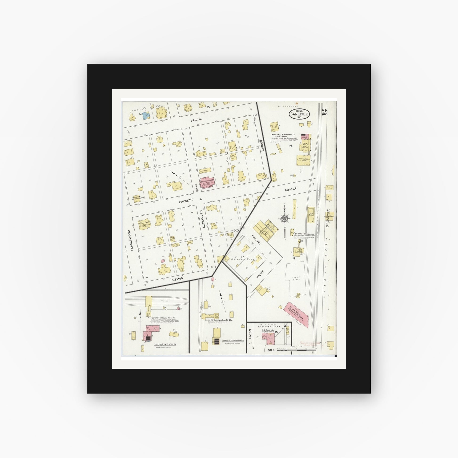 Old map wall art mockup — black gallery frame with white mat — Sanborn Fire Insurance Map from Carlisle, Sullivan County, Indiana (1915), Sheet #0002