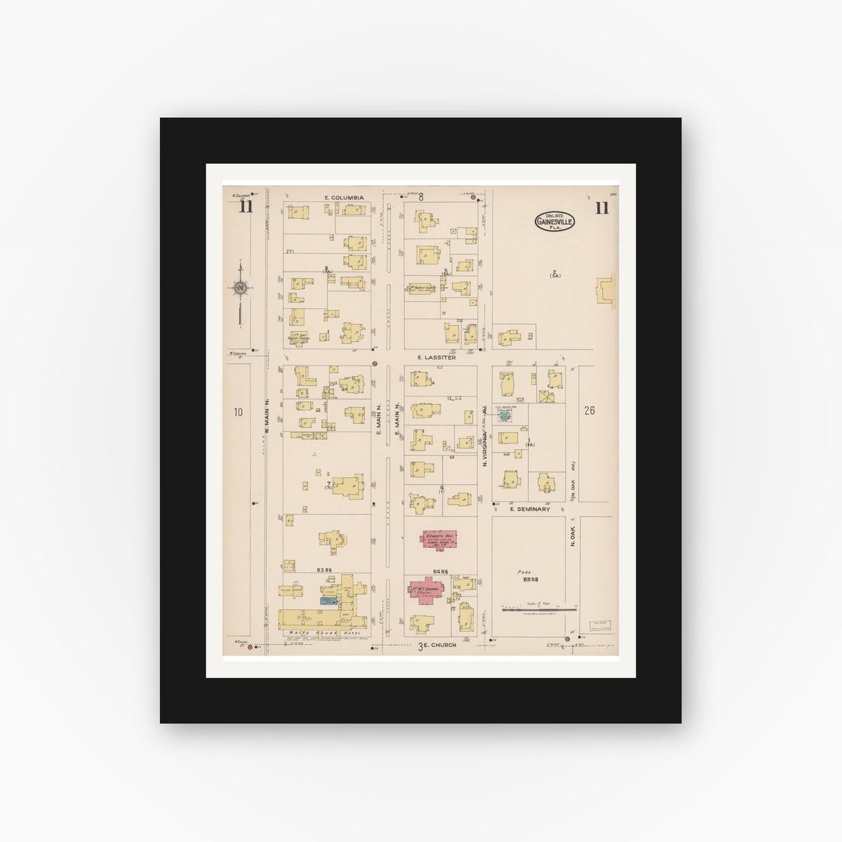 Old map wall art mockup — black gallery frame with white mat — Sanborn Fire Insurance Map from Gainesville, Alachua County, Florida (1922), Sheet #0011