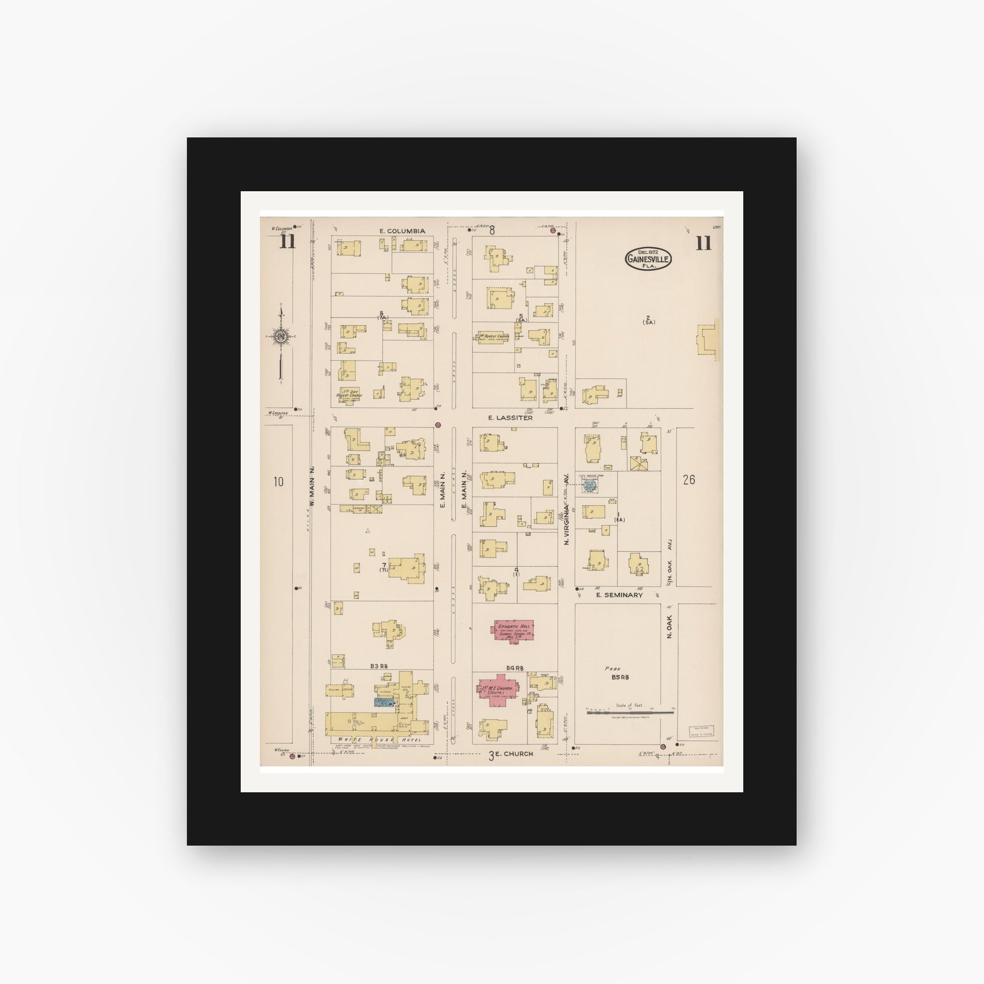 Old map wall art mockup — black gallery frame with white mat — Sanborn Fire Insurance Map from Gainesville, Alachua County, Florida (1922), Sheet #0011