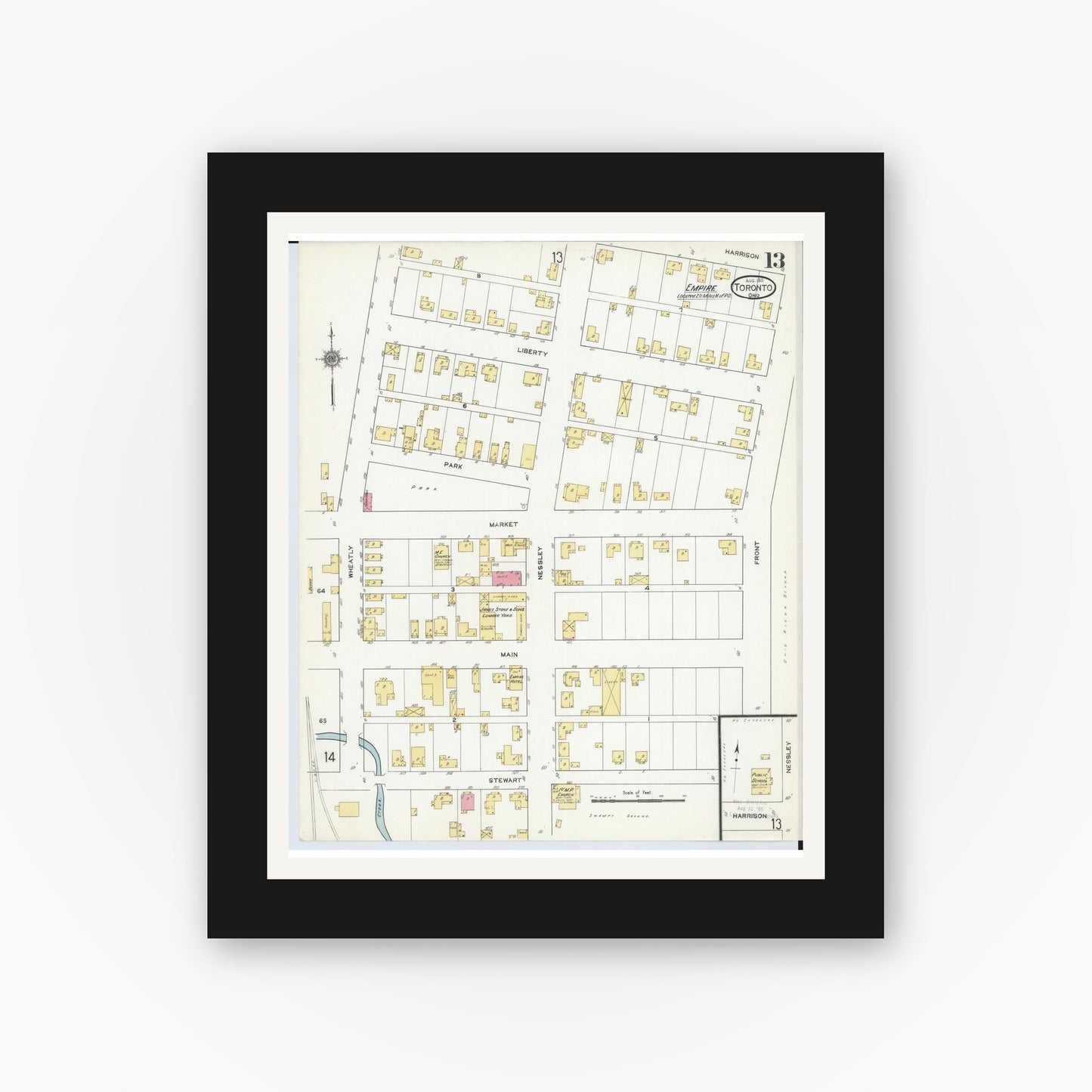 Old map wall art mockup — black gallery frame with white mat — Sanborn Fire Insurance Map from Toronto, Jefferson County, Ohio (1911), Sheet #0013