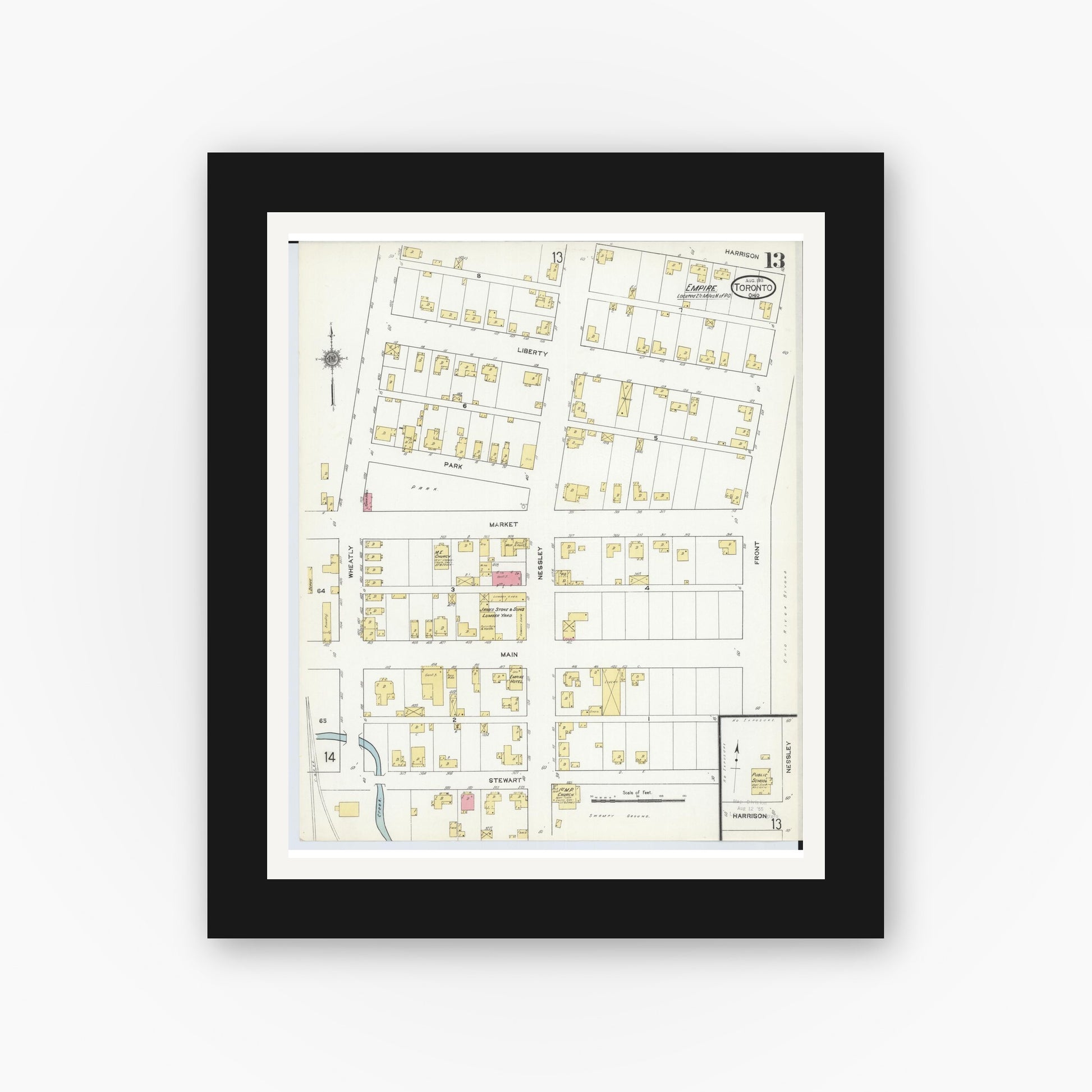 Old map wall art mockup — black gallery frame with white mat — Sanborn Fire Insurance Map from Toronto, Jefferson County, Ohio (1911), Sheet #0013