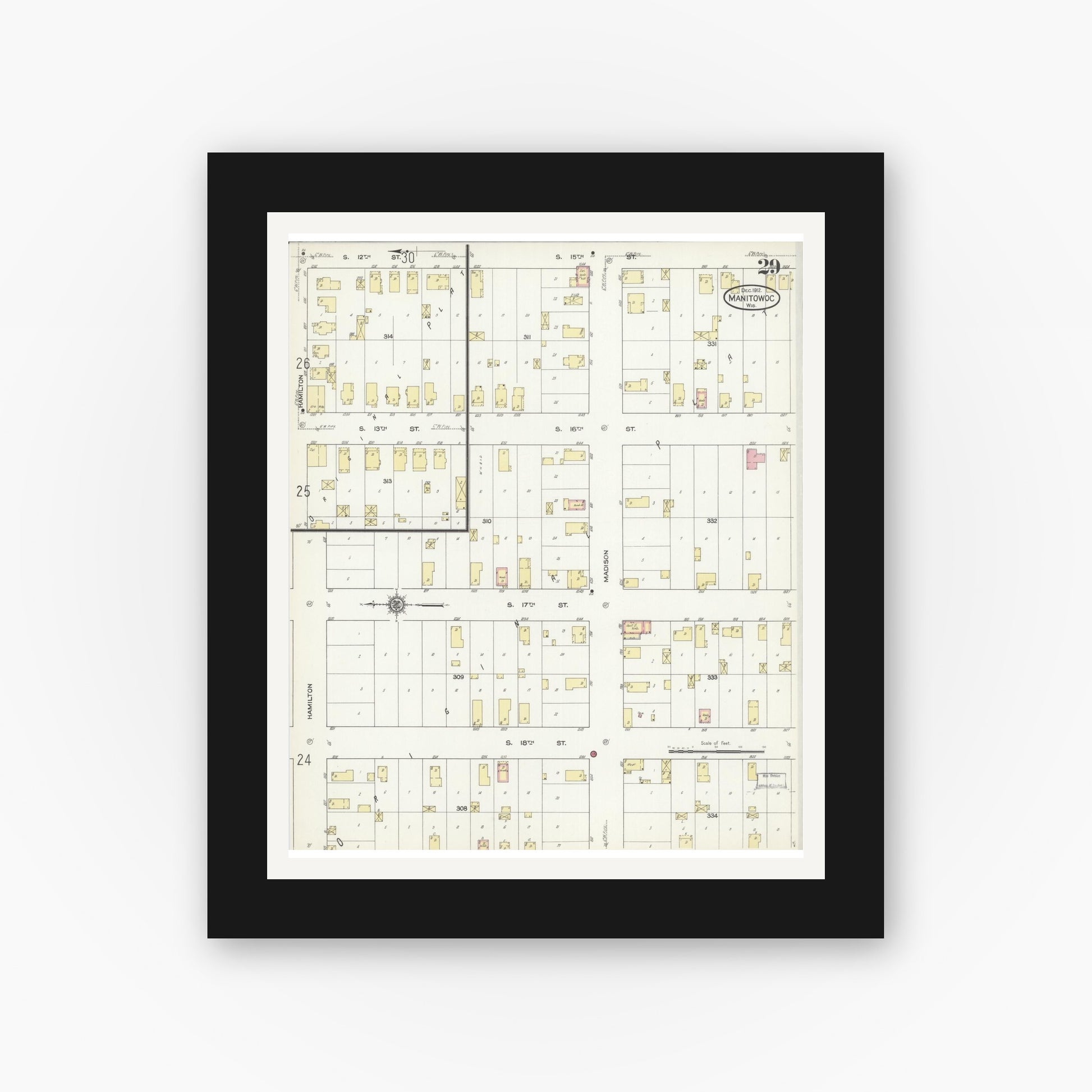 Old map wall art mockup — black gallery frame with white mat — Sanborn Fire Insurance Map from Manitowoc, Manitowoc County, Wisconsin (1912), Sheet #0029