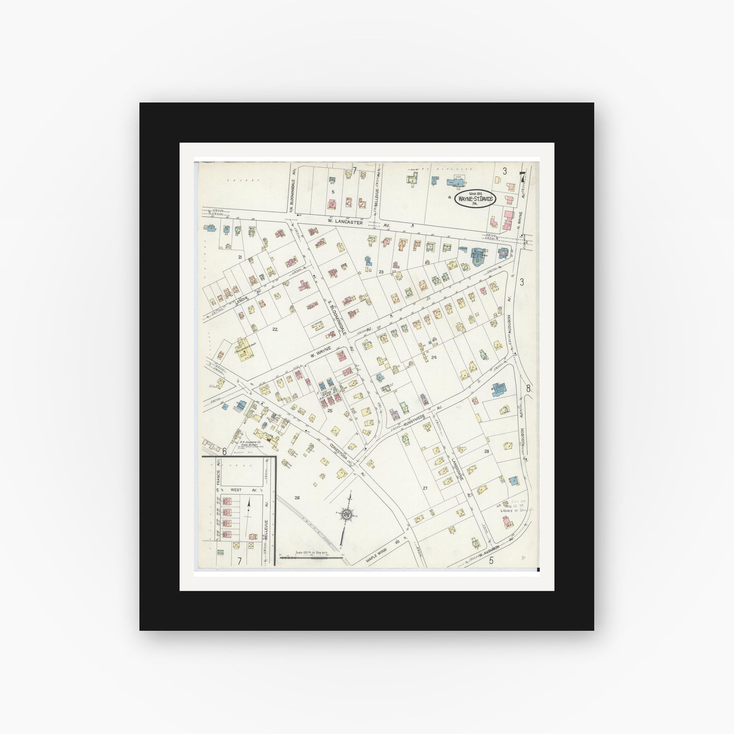 Old map wall art mockup — black gallery frame with white mat — Sanborn Fire Insurance Map from Wayne, Delaware County, Pennsylvania (1914), Sheet #0007