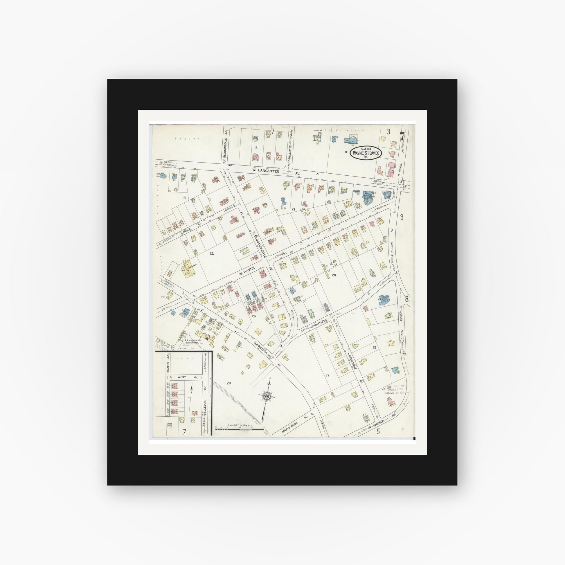 Old map wall art mockup — black gallery frame with white mat — Sanborn Fire Insurance Map from Wayne, Delaware County, Pennsylvania (1914), Sheet #0007