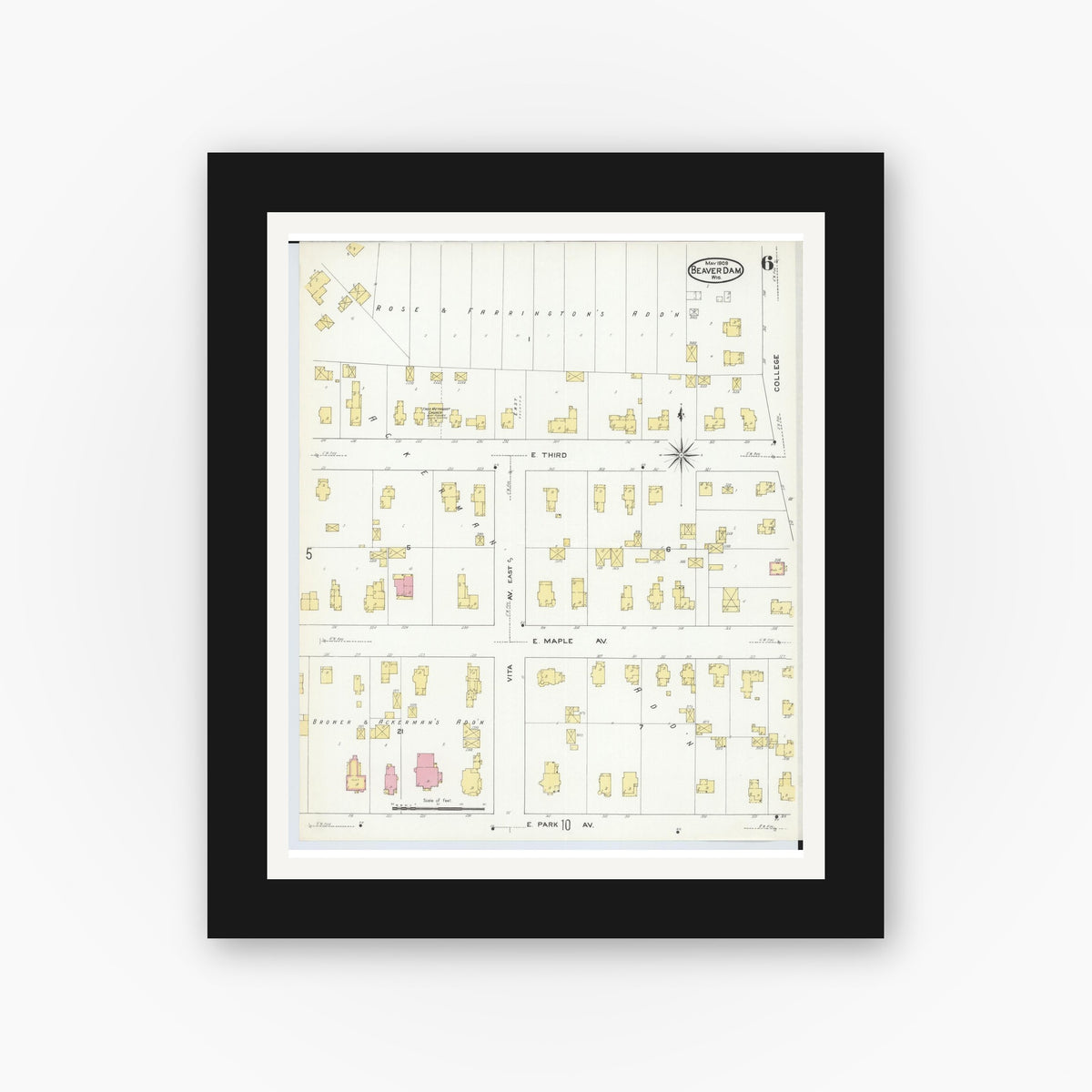 Old map wall art mockup — black gallery frame with white mat — Sanborn Fire Insurance Map from Beaver Dam, Dodge County, Wisconsin (1909), Sheet #0006