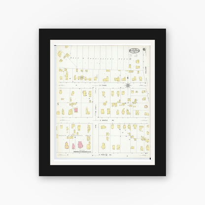 Old map wall art mockup — black gallery frame with white mat — Sanborn Fire Insurance Map from Beaver Dam, Dodge County, Wisconsin (1909), Sheet #0006