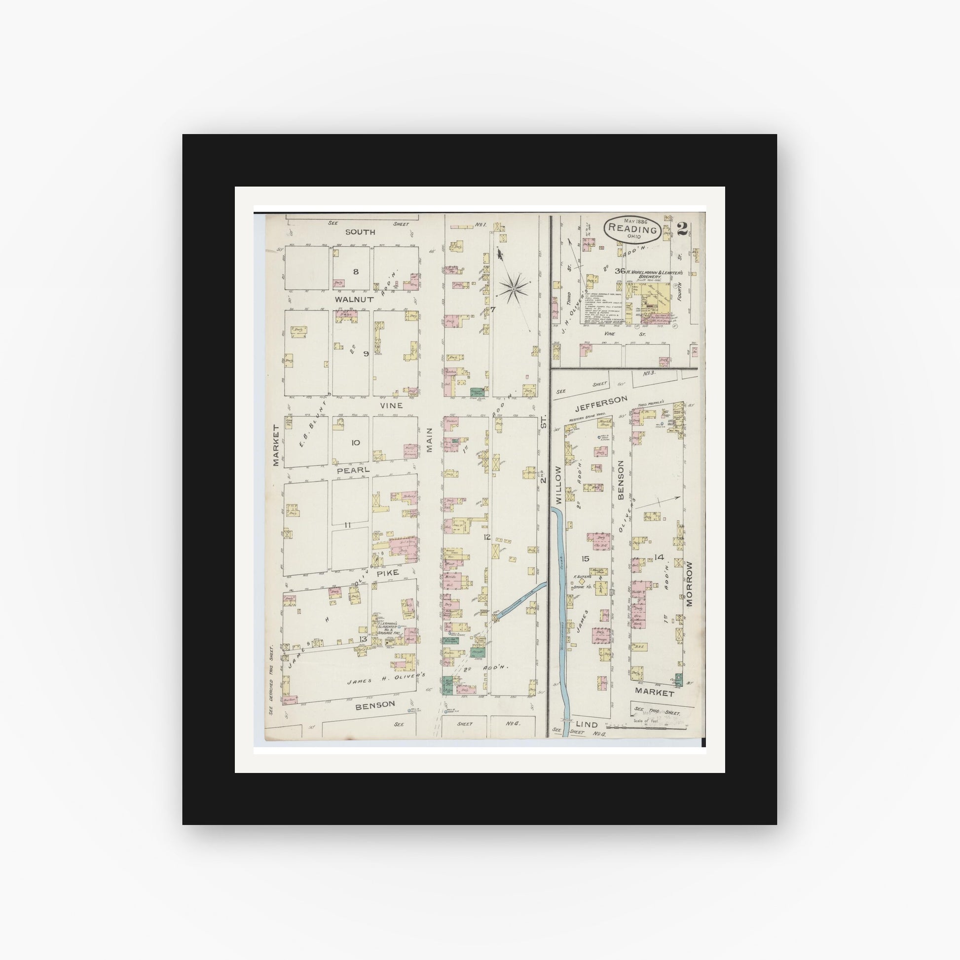 Old map wall art mockup — black gallery frame with white mat — Sanborn Fire Insurance Map from Reading, Hamilton County, Ohio (1886), Sheet #0002