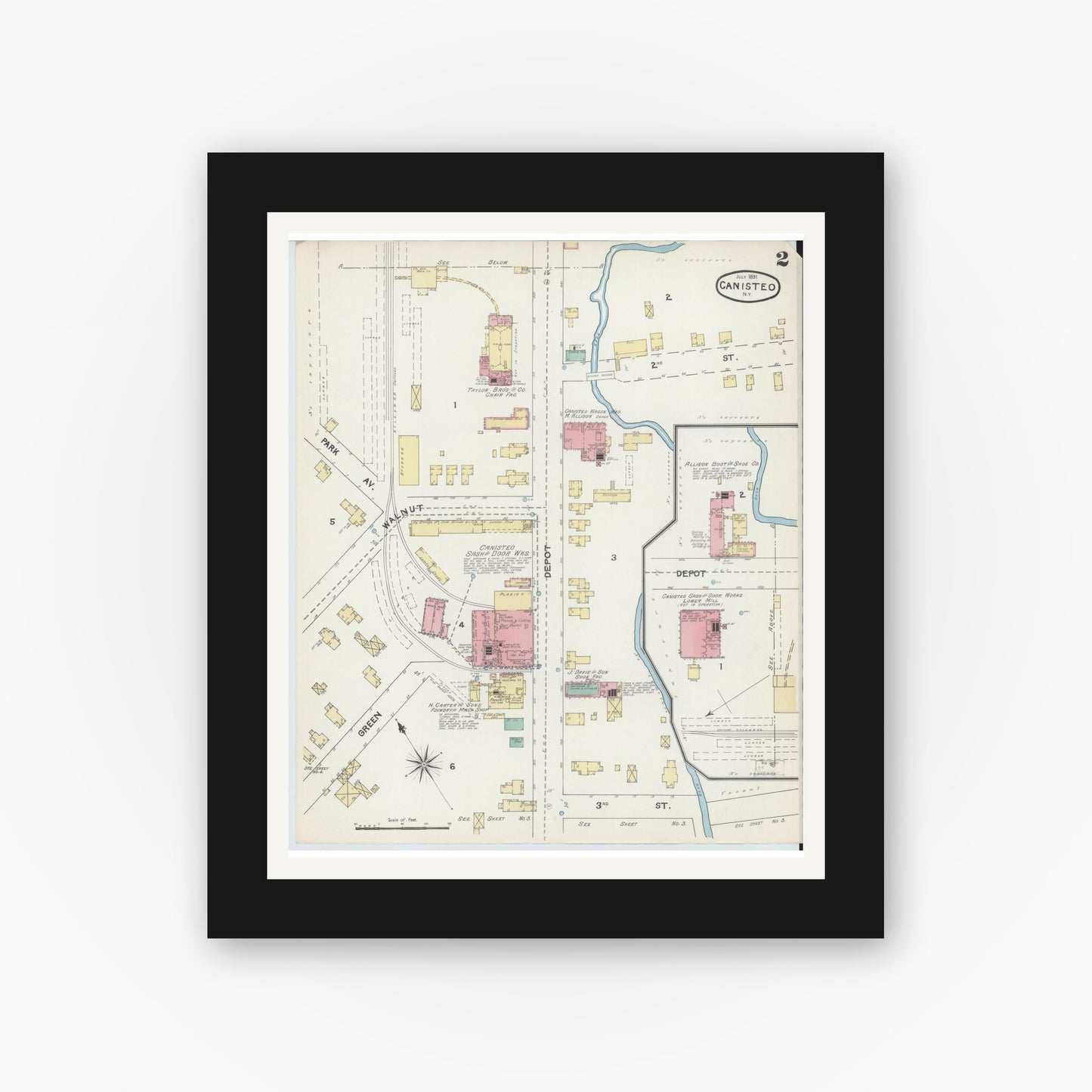 Old map wall art mockup — black gallery frame with white mat — Sanborn Fire Insurance Map from Canisteo, Steuben County, New York (1891), Sheet #0002