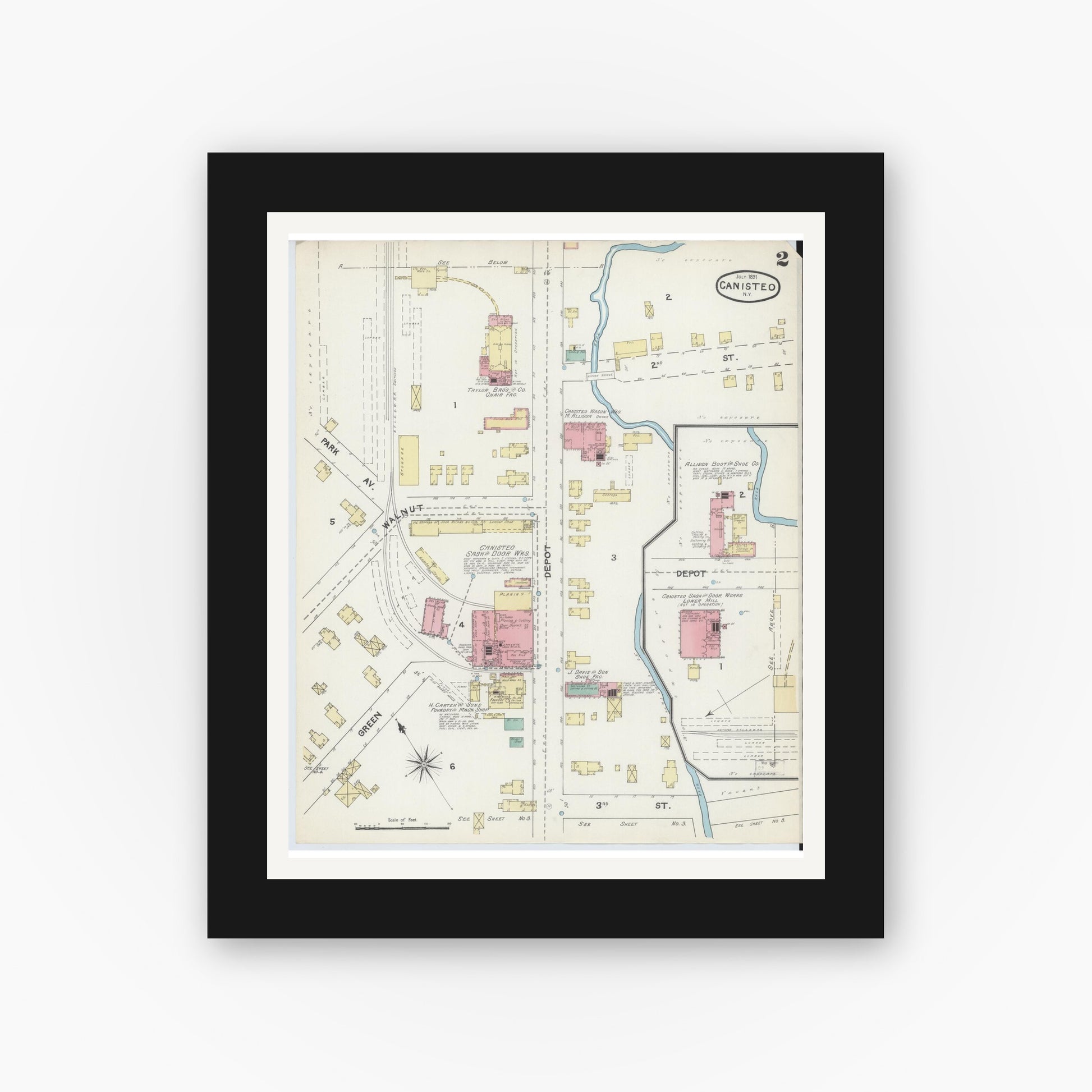 Old map wall art mockup — black gallery frame with white mat — Sanborn Fire Insurance Map from Canisteo, Steuben County, New York (1891), Sheet #0002