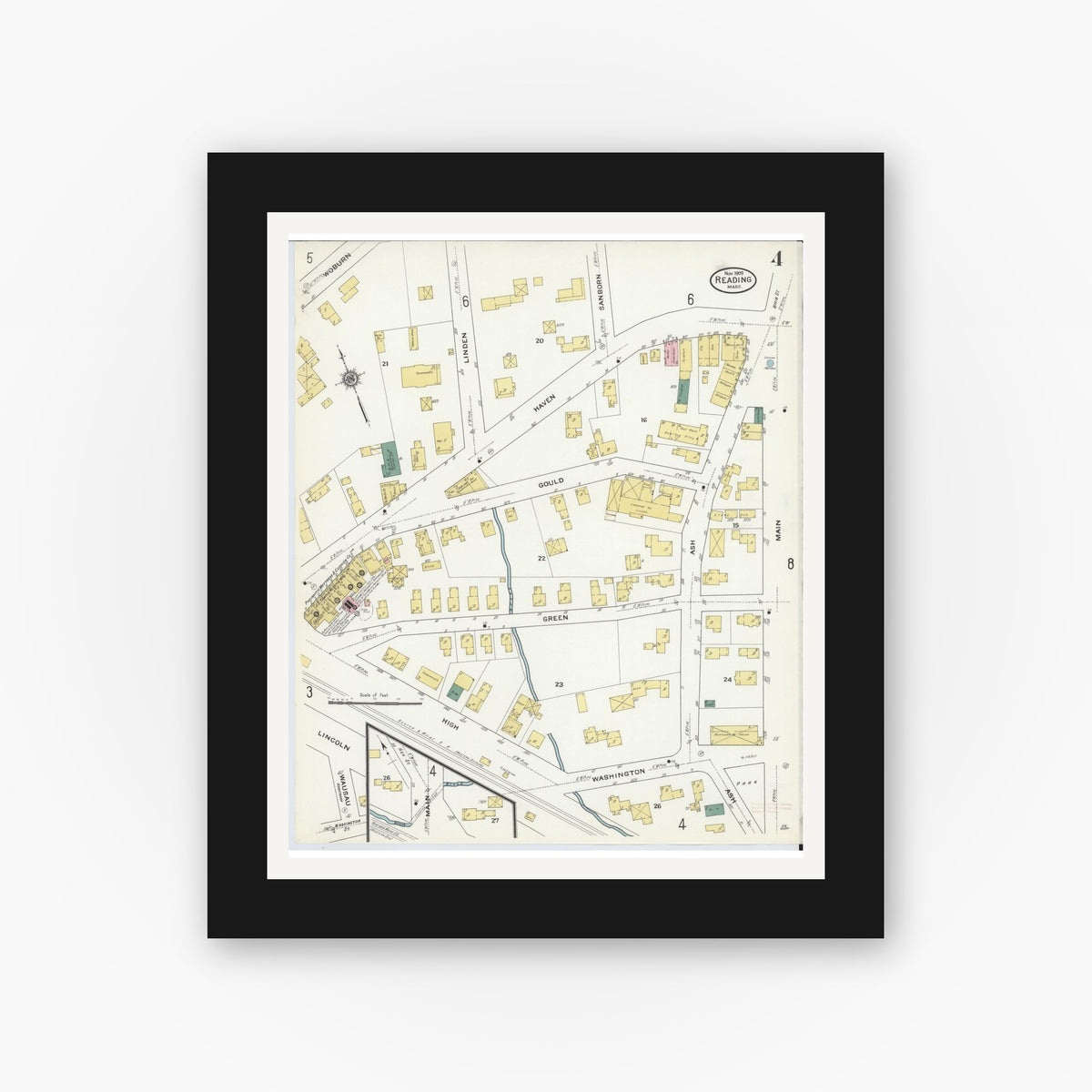 Old map wall art mockup — black gallery frame with white mat — Sanborn Fire Insurance Map from Reading, Middlesex County, Massachusetts (1909), Sheet #0004