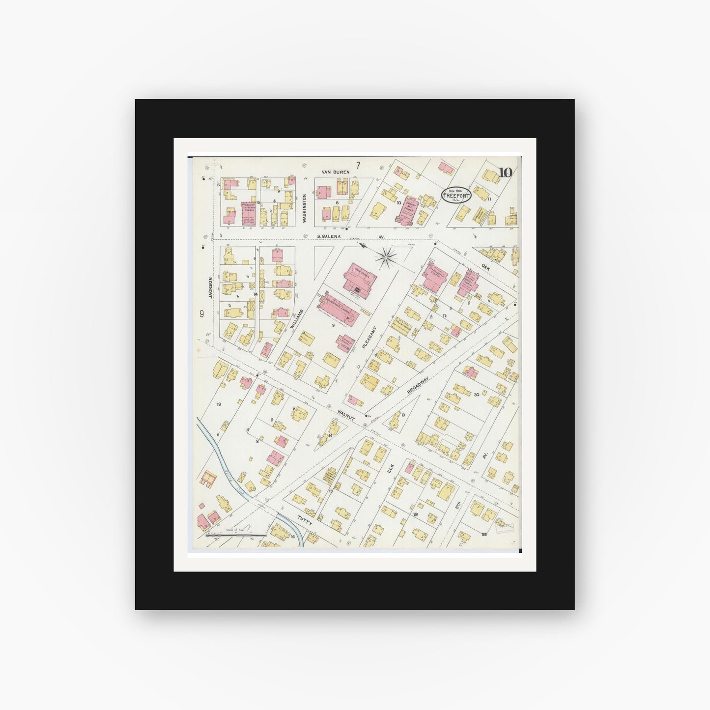 Old map wall art mockup — black gallery frame with white mat — Sanborn Fire Insurance Map from Freeport, Stephenson County, Illinois (1904), Sheet #0010