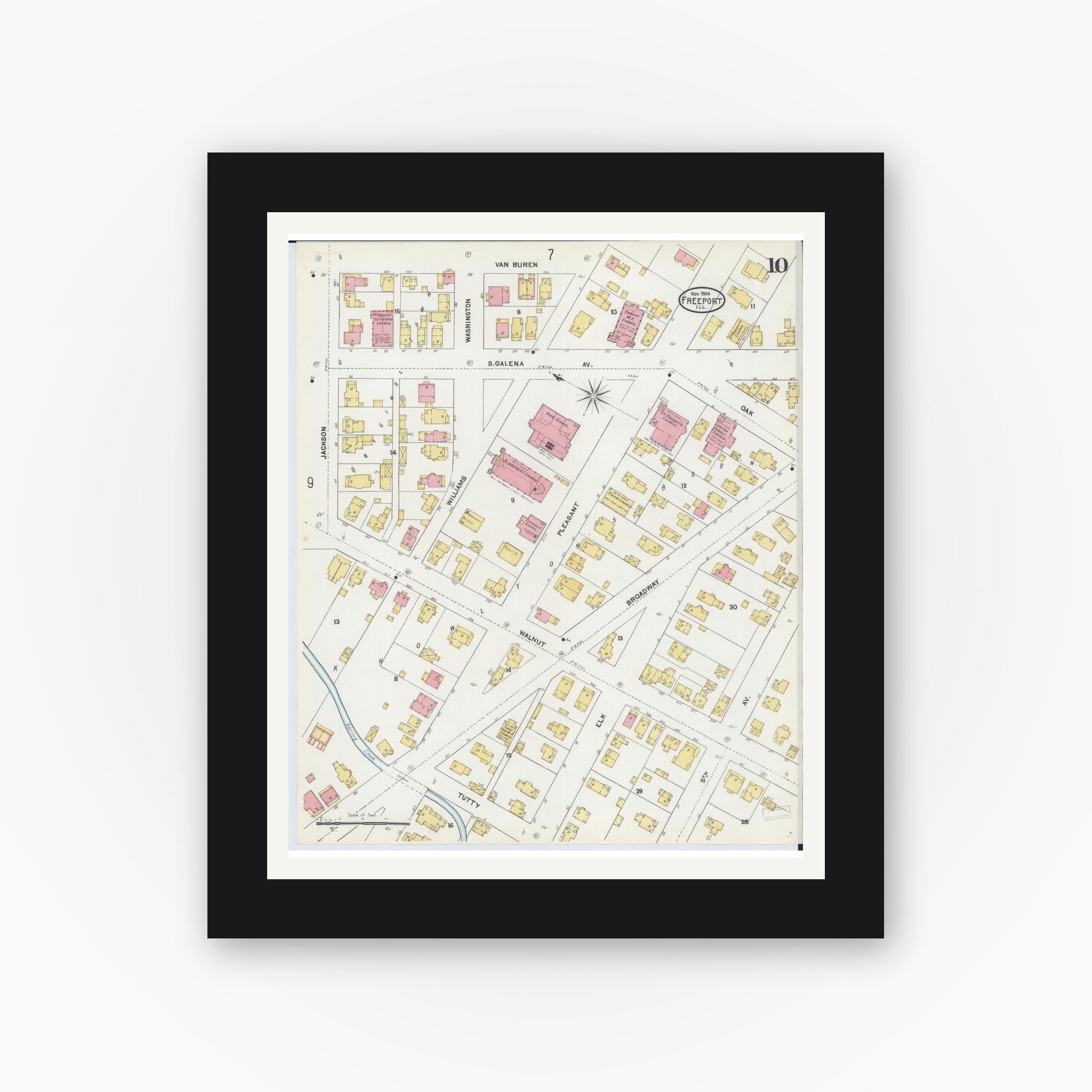 Old map wall art mockup — black gallery frame with white mat — Sanborn Fire Insurance Map from Freeport, Stephenson County, Illinois (1904), Sheet #0010